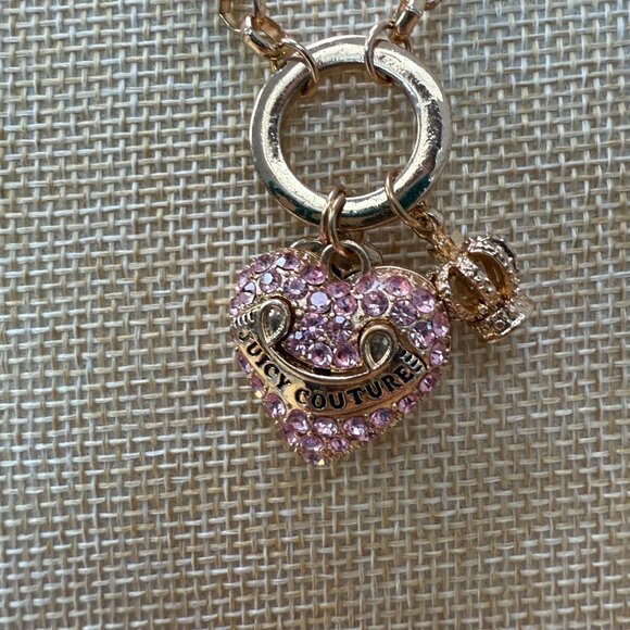 Juicy Couture Gold Tone Heart & Crown Charm Necklace With Pink Rhinestones - Picture 3 of 12